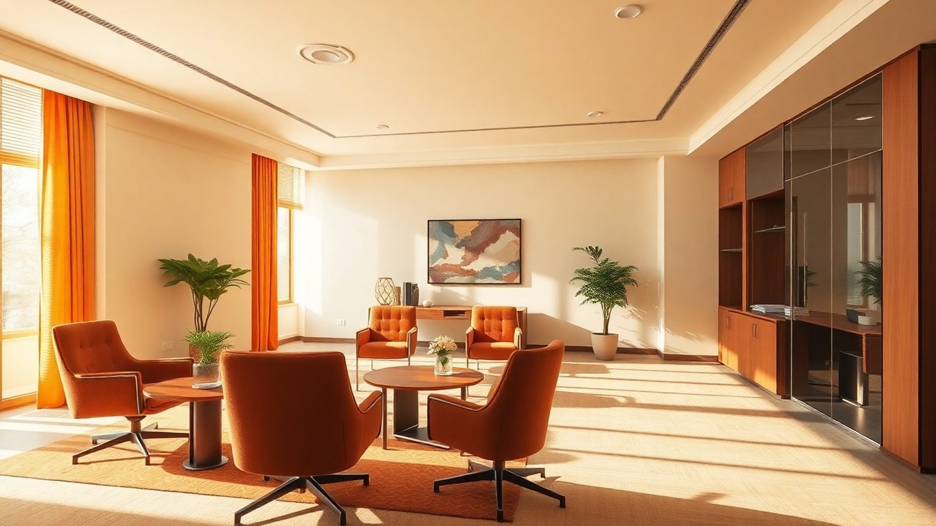 Interior de birou financiar în tonuri de crem și bordeaux, Oradea